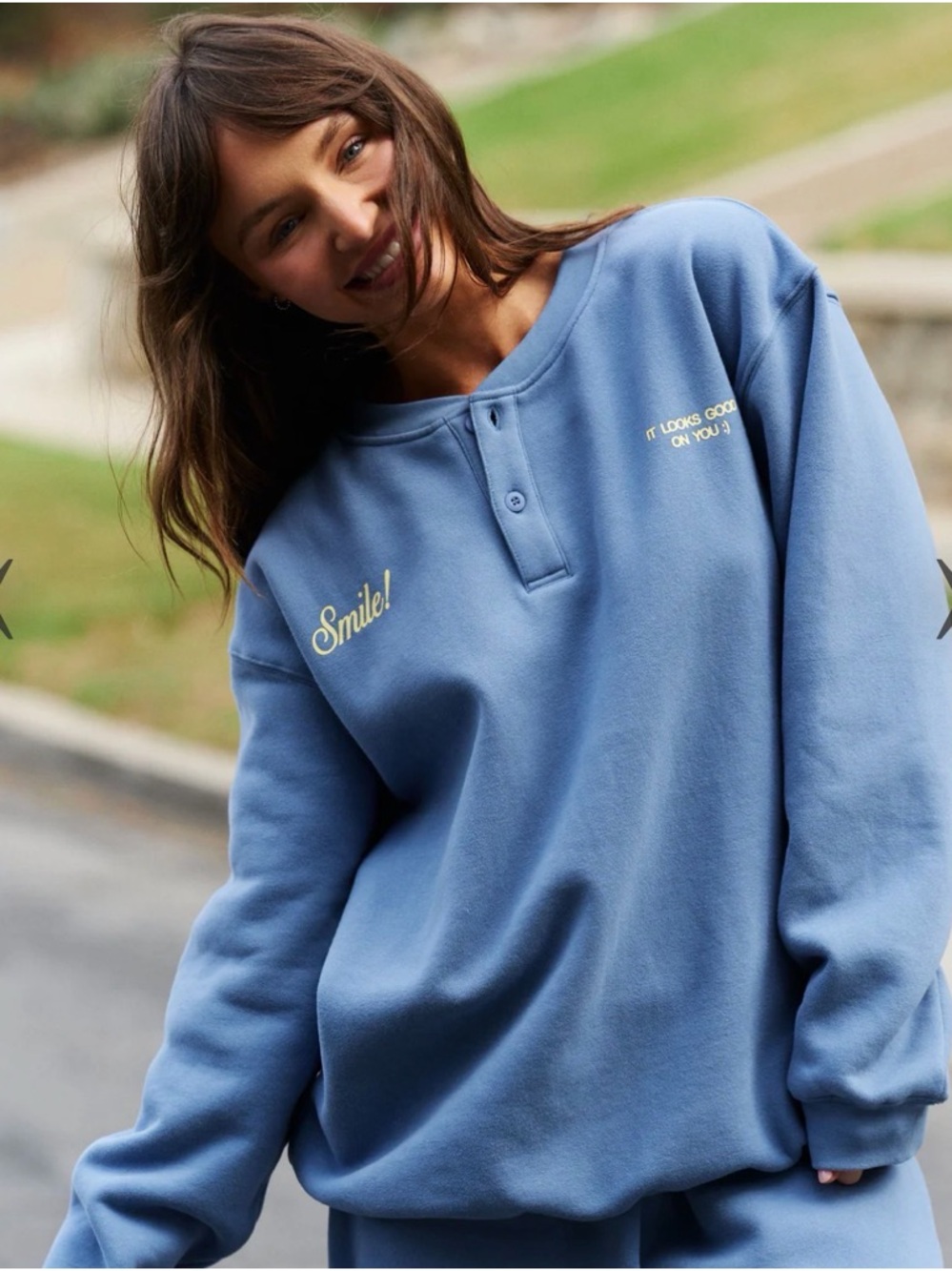 Blue 'Smile!' Henley Sweatshirt - Women